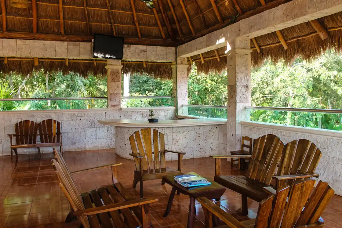 Open-air lounge surrounded by tropical greenery